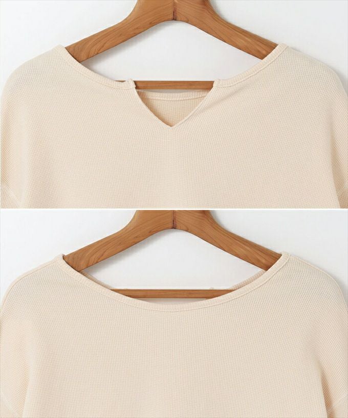 コットン ワッフル キーネック 長袖 Tシャツ レディース カジュアル ドロップショルダー 体型カバー おしゃれ かわいい 大人 女性 きれいめ カジュアル 黒 オフィス カットソー ヒップが隠れる 女性 トップス M L 春 夏 秋 春夏 シンプルトップス