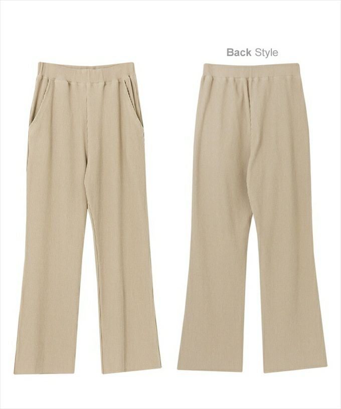 ウエストゴム セルフカット リブ セミフレアパンツ レディース ストレッチ サイドポケット ワンマイルウェア オールシーズン ボトムス ボトム ロング丈 楽チンパンツ イージーパンツ おしゃれ かわいい 大人 きれいめ カジュアル リブパンツ M L 春 夏 秋 冬