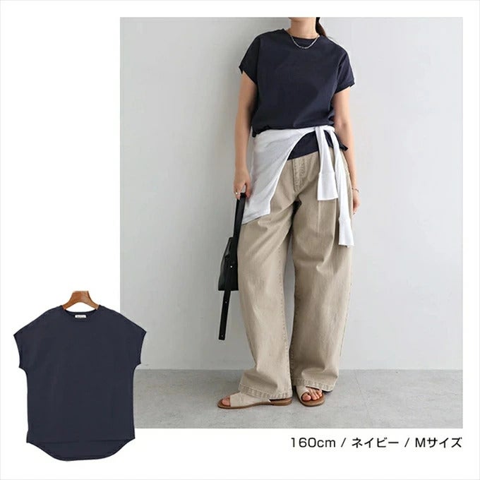 USAコットン 汗染み防止 フレンチスリーブ 半袖 Tシャツ レディース オーバーサイズ ラウンドヘム 体型カバー きれいめ おしゃれ カジュアル かわいい ナチュラル オフィス 女性 ボーダートップス TOPS 大人ファッション 上品 春 夏 秋 綿100％ 送料無料 M