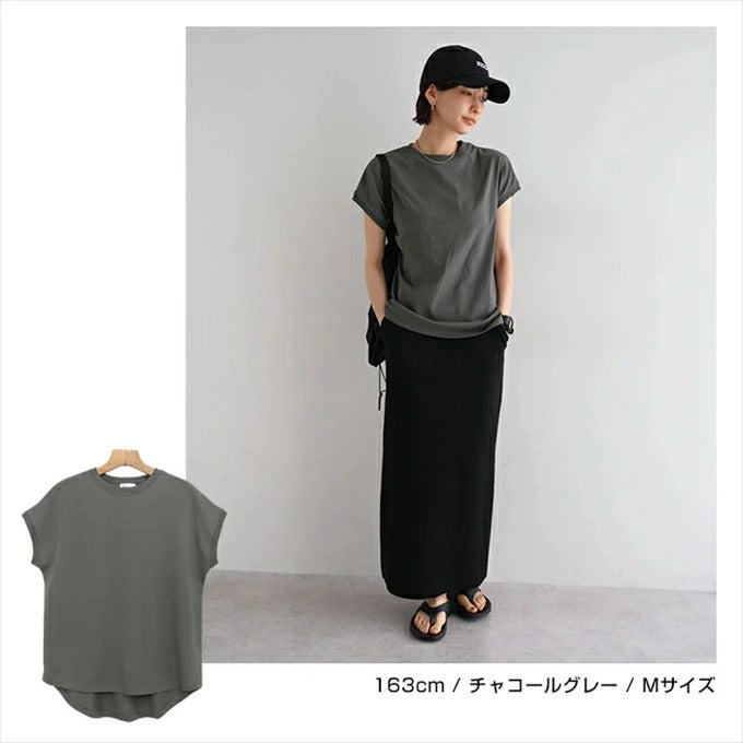 USAコットン 汗染み防止 フレンチスリーブ 半袖 Tシャツ レディース オーバーサイズ ラウンドヘム 体型カバー きれいめ おしゃれ カジュアル かわいい ナチュラル オフィス 女性 ボーダートップス TOPS 大人ファッション 上品 春 夏 秋 綿100％ 送料無料 M