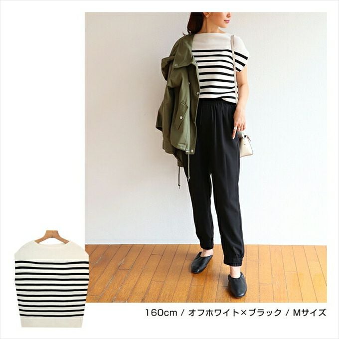 アクリルコットン フレンチスリーブ ニット トップス レディース サマーニット ボーダー ラウンドネック 体型カバー きれいめ おしゃれ カジュアル かわいい ナチュラル オフィス 女性 シンプルトップス TOPS 大人ファッション 上品 春 夏 送料無料 M L