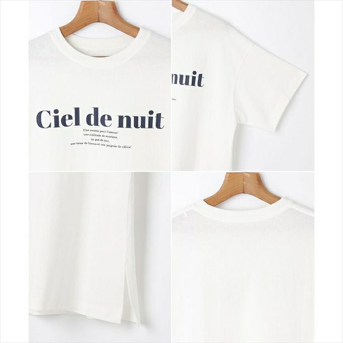 コットン天竺 ロゴプリント 半袖 Tシャツ レディース クルーネック フレンチ サイドスリット きれいめ おしゃれ カジュアル かわいい ナチュラル 女性 シンプルトップス TOPS 大人ファッション 英字 無地 tシャツ 上品 春 夏 秋 送料無料 S M