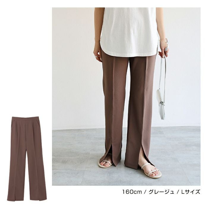 梨地ポンチ センタースリット パンツ ウエストゴム レディース サイドポケット フレア キレイめ シボ感 ボトムス ボトム ロング丈 楽チンパンツ おしゃれ 大人 ファッション カジュアル きれいめ かわいい スラックス S M L 春 夏 秋 冬 送料無料 