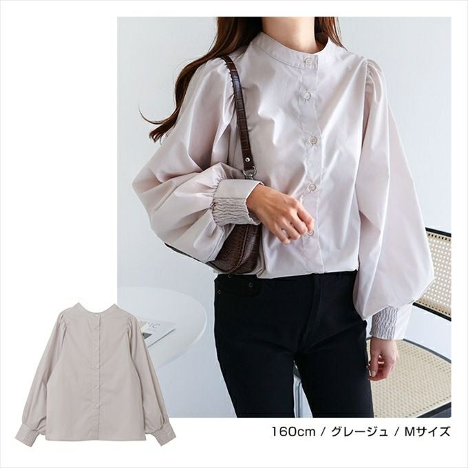前後2way ボリューム 長袖 シャツ ブラウス レディース クラシカル バンドカラー 体型カバー カジュアル おしゃえ かわいい 前後 着用 きれいめ オフィス ストラップ柄 無地 年中着れる ノーカラー 襟なし オールシーズン 春 夏 秋 冬 シンプル 長袖トップス 大人 M