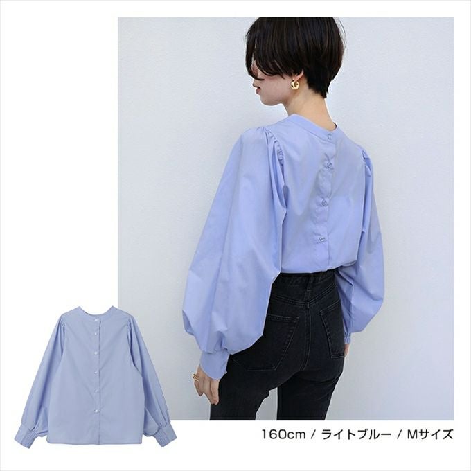 前後2way ボリューム 長袖 シャツ ブラウス レディース クラシカル バンドカラー 体型カバー カジュアル おしゃえ かわいい 前後 着用 きれいめ オフィス ストラップ柄 無地 年中着れる ノーカラー 襟なし オールシーズン 春 夏 秋 冬 シンプル 長袖トップス 大人 M