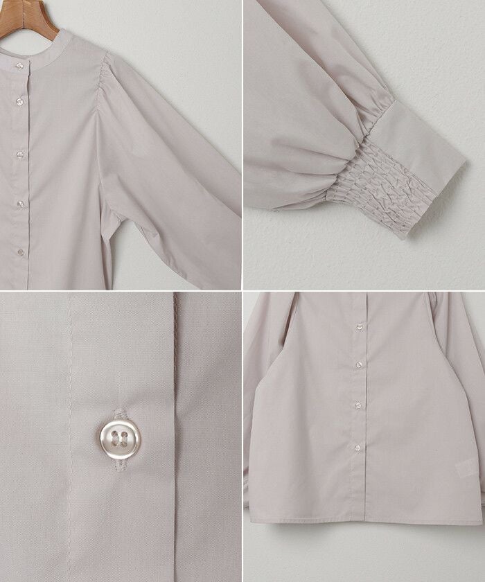 前後2way ボリューム 長袖 シャツ ブラウス レディース クラシカル バンドカラー 体型カバー カジュアル おしゃえ かわいい 前後 着用 きれいめ オフィス ストラップ柄 無地 年中着れる ノーカラー 襟なし オールシーズン 春 夏 秋 冬 シンプル 長袖トップス 大人 M