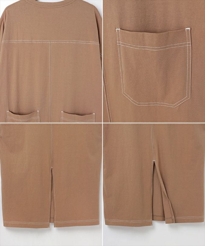 配色ステッチ オーバーサイズ コットン 長袖 フットボール Tシャツ ワンピース レディース バックスリット サイドポケット バックポケット 長袖 ワンピ 女性 おしゃれ オシャレ かわいい 大人 きれいめ ゆったり オフィス カジュアル 綿100％ コットン シンプル 春 夏 秋