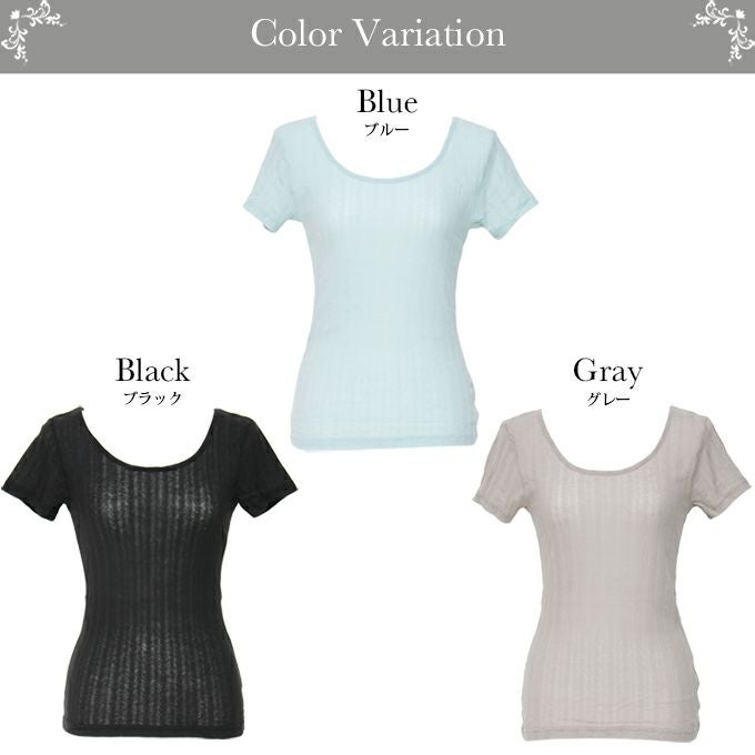 強撚綿100％ ヘリンボーン柄 インナー シャツ レディース 女性 インナートップス インナー 肌着 綿100％ シンプル 涼しい 肌に優しい M L LL 伸縮性 半袖 ストレッチ アンダーウェア インナーシャツ 渡辺商店 春 夏 黒 ブラック ブルー グレー