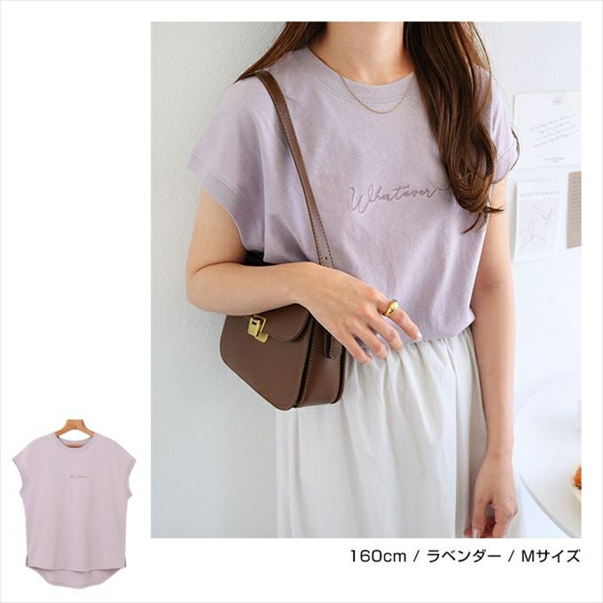 コットン天竺 Whatever ロゴ 刺繍 フレンチスリーブ Tシャツ レディース スリット オーバーサイズ ラウンドヘム カットソー 大人 半袖 トップス 女性 きれいめ おしゃれ かわいい カジュアル 女性 TOPS 大人ファッション 春 夏 秋 シンプル 綿100％ M 送料無料