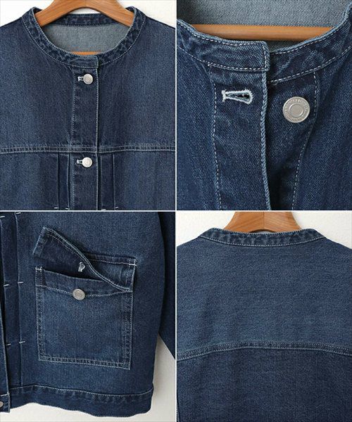 オーバーサイズ ノーカラー デニム ジャケット レディース ツイル 配色ステッチ ウォッシュ加工 タック ドロップショルダー ヴィンテージ ゆったり こなれ感 アウター 大人 きれいめ おしゃれ カジュアル ナチュラル シンプル オフィス 女性 Gジャン 春 秋 冬 M