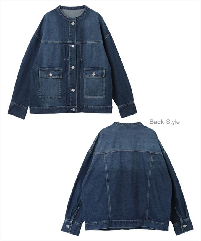 オーバーサイズ ノーカラー デニム ジャケット レディース ツイル 配色ステッチ ウォッシュ加工 タック ドロップショルダー ヴィンテージ ゆったり こなれ感 アウター 大人 きれいめ おしゃれ カジュアル ナチュラル シンプル オフィス 女性 Gジャン 春 秋 冬 M