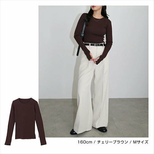 無地 ボーダー クルーネック サムホール リブ ニット トップス レディース ベーシック 長袖 指穴 指ぬき ストレッチ インナー ジャスト丈 シンプル トレンド きれいめ おしゃれ かわいい カジュアル オフィス 女性 春 秋 冬 レディース トップスシンプル セーター