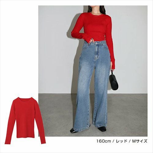 無地 ボーダー クルーネック サムホール リブ ニット トップス レディース ベーシック 長袖 指穴 指ぬき ストレッチ インナー ジャスト丈 シンプル トレンド きれいめ おしゃれ かわいい カジュアル オフィス 女性 春 秋 冬 レディース トップスシンプル セーター