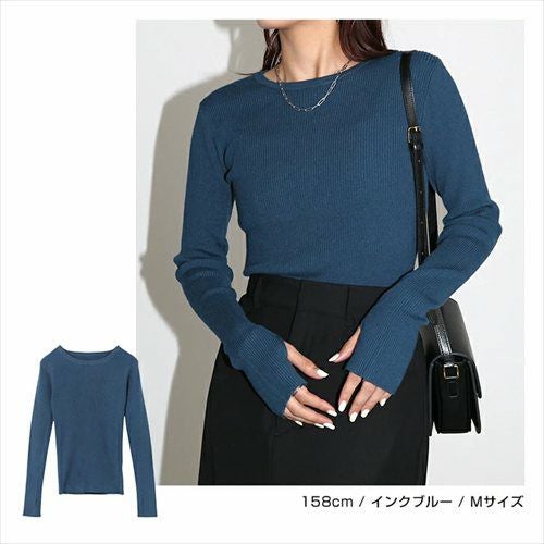 無地 ボーダー クルーネック サムホール リブ ニット トップス レディース ベーシック 長袖 指穴 指ぬき ストレッチ インナー ジャスト丈 シンプル トレンド きれいめ おしゃれ かわいい カジュアル オフィス 女性 春 秋 冬 レディース トップスシンプル セーター