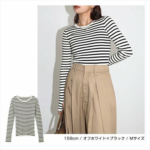 無地 ボーダー クルーネック サムホール リブ ニット トップス レディース ベーシック 長袖 指穴 指ぬき ストレッチ インナー ジャスト丈 シンプル トレンド きれいめ おしゃれ かわいい カジュアル オフィス 女性 春 秋 冬 レディース トップスシンプル セーター