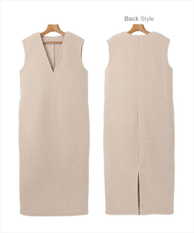 フェイクリング ウール 深Vネック ボア ロング ワンピース レディース ストレートシルエット プルオーバー バックスリット レイヤード シープ調 ボトムス ボトム おしゃれ かわいい 大人 きれいめ カジュアル 秋冬 シンプル サイズ M L あったか 暖かい 秋 冬 送料無料