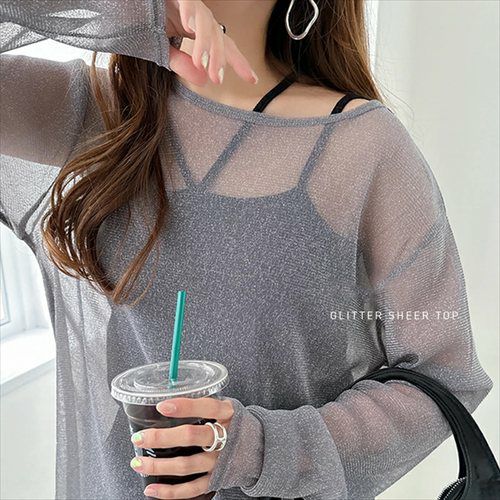 ラメ シアー 長袖 トップス レディース チュール トレンド 透け感 シンプル レイヤード 重ね着 ゆったり 楽ちん トレンド こなれ感 カジュアル かわいい ナチュラル 女性 シンプルトップス TOPS 無地 長袖トップス 上品 春 夏 秋 送料無料 M 【mail】 t01