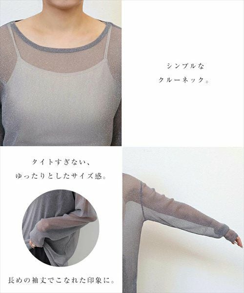 ラメ シアー 長袖 トップス レディース チュール トレンド 透け感 シンプル レイヤード 重ね着 ゆったり 楽ちん トレンド こなれ感 カジュアル かわいい ナチュラル 女性 シンプルトップス TOPS 無地 長袖トップス 上品 春 夏 秋 送料無料 M 【mail】 t01