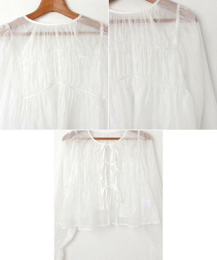 オーガンシアー 前後2way シャーリング ブラウス レディース シアー リボン ボリューム袖 トップス 羽織り 長袖 ショート丈 きれいめ セレモニー オケージョン 透け感 トレンド 韓国風 重ね着 ナチュラル カジュアル かわいい ナチュラル 春 夏 秋 送料無料 M 【mail】 t01