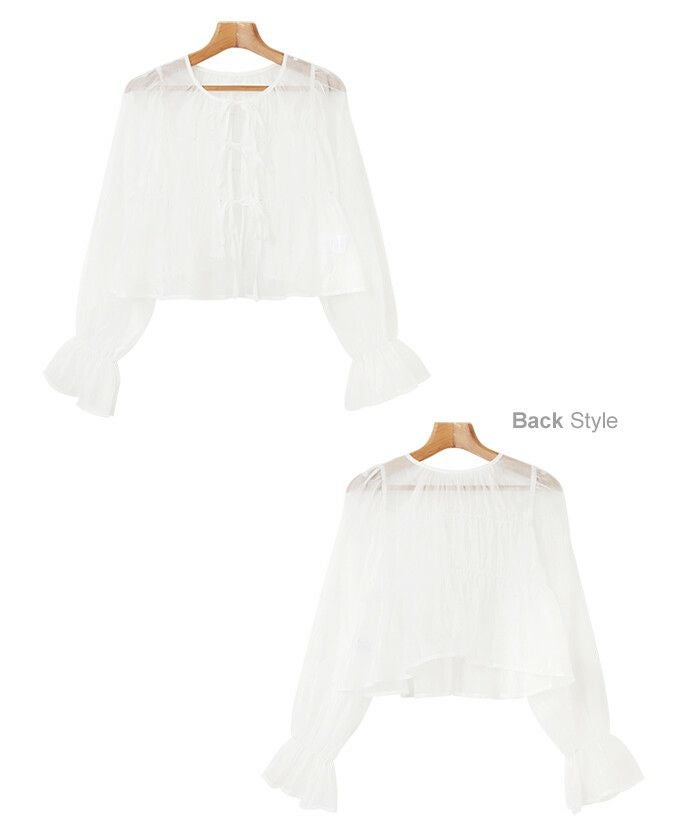 オーガンシアー 前後2way シャーリング ブラウス レディース シアー リボン ボリューム袖 トップス 羽織り 長袖 ショート丈 きれいめ セレモニー オケージョン 透け感 トレンド 韓国風 重ね着 ナチュラル カジュアル かわいい ナチュラル 春 夏 秋 送料無料 M 【mail】 t01