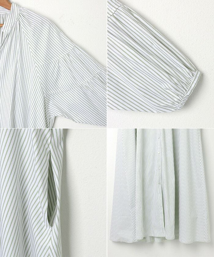 カラー ストライプ スキッパー ワンピース レディース 2way オーバーサイズ 羽織り ボリューム袖 ギャザー フロントボタン ロング丈 体型カバー こなれ感 上品 こなれ感 かわいい 大人 きれいめ ゆったり おしゃれ カジュアル シンプル ロング丈 春 夏 秋 送料無料 t01