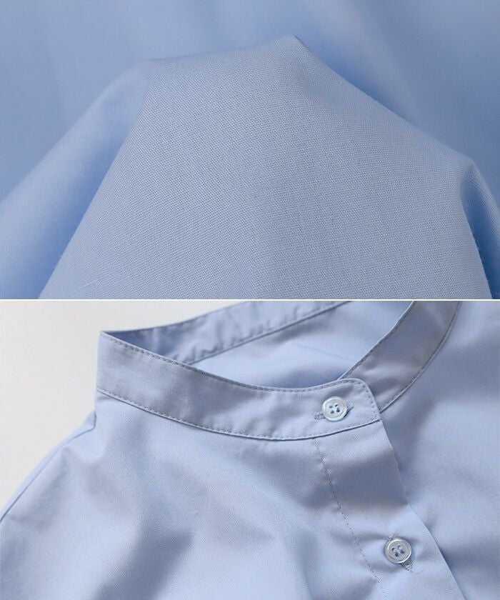 無地 ストライプ 袖リボン バンドカラー 長袖 シャツ ブラウス レディース トップス 羽織り ボリューム袖 ベーシック 韓国風 トレンド カジュアル 体型カバー 張り感 トレンド感 カットソー 女性 トップス きれいめ おしゃれ 女性 春 夏 秋 シンプル 送料無料 【mail】 t01