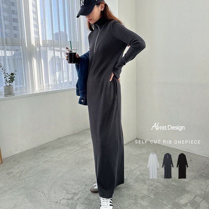 セルフカット リブ 指穴 サムホール 長袖 ワンピース レディース ストレッチ カットソー ハーフジップ サイドポケット 2way ワンマイルウェア カジュアル ロングワンピース おしゃれ 無地 スカート ロング お出かけ デート 大人 女性 送料無料 春 夏 秋 冬 送料無料 t01