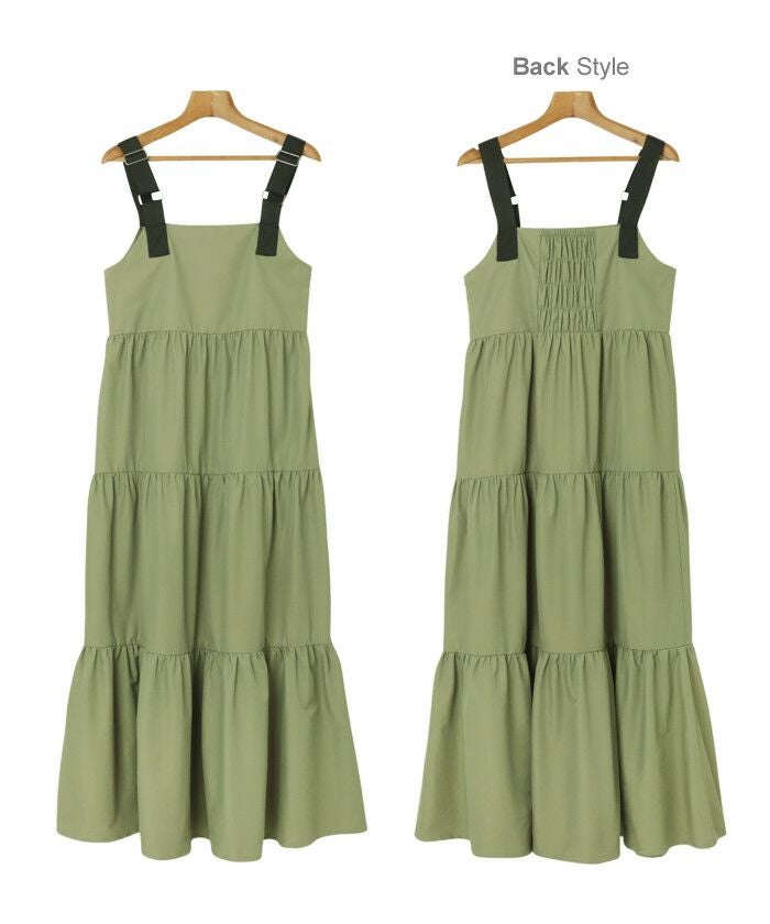 ナイロン ティアード ジャンパースカート レディース ワンピース ストラップ ギャザー サイドファスナー 楽ちん カジュアル 重ね着 ミリタリー フェミニン トレンド カジュアル おしゃれ 無地 スカート ロング お出かけ デート 大人 女性 送料無料 春 夏 秋 冬 t01