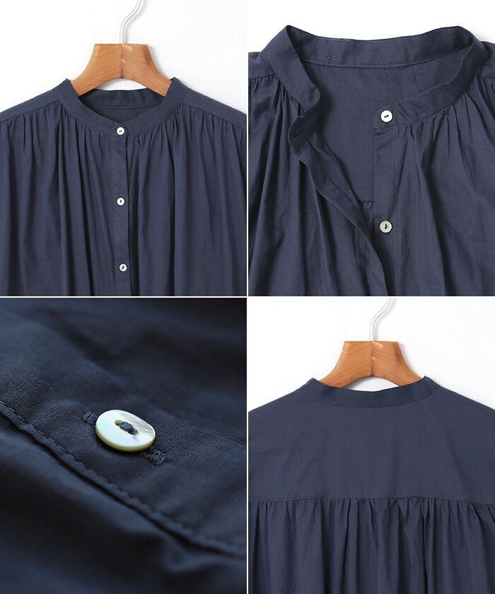 綿ボイル バンドカラー フレア 長袖 シャツ ワンピース レディース フェミニン 2way フロントボタン ギャザー サイドポケット コットン 綿100% 上品 こなれ感 かわいい 大人 きれいめ ゆったり おしゃれ カジュアル シンプル ロング丈 マキシ丈 春 夏 秋 【mail】 t01