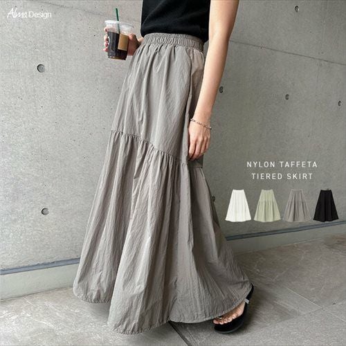 ナイロンタフタ ティアード フレア スカート ウエストゴム レディース ボトムス ロング 2way バルーン ドロスト ポケット カジュアル スポーティ トレンド 美ライン カジュアル ロングスカート 上品 ボトムス おしゃれ 大人 ファッション きれいめ 春 夏 秋 送料無料 t01