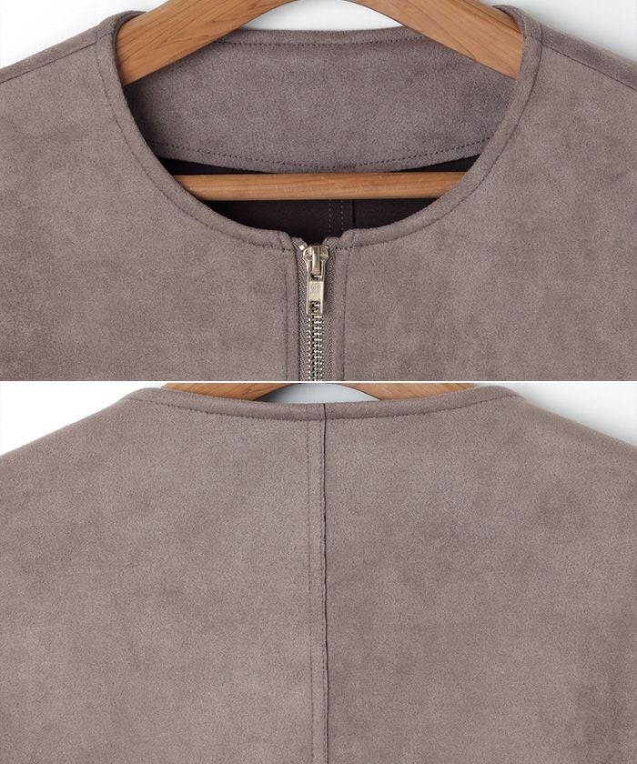 ノーカラーコート フェイクスエードポンチ ロング コート ジャケット レディース ジップ アウター 暖か 大人 きれいめ おしゃれ カジュアル ナチュラル シンプル オフィス 女性 ジップ ジャケット あたたかい アラサー アラフォー あったか 秋 冬 スウェード 送料無料 t02