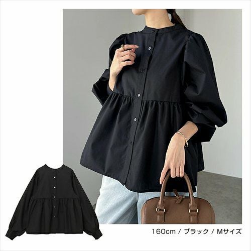 2way ボリューム 長袖 ペプラム シャツ ブラウス レディース トップス シャツブラウス 羽織り 体型カバー ボリューム袖 フレア Aライン チュニック シアー きれいめ 上品 セレモニー オフィス 無地 カジュアル おしゃれ トレンド 上品 春 夏 秋 送料無料 t03