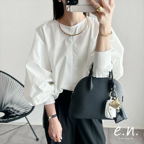 ボリューム袖 ブラウス レディース シンプル オーバーサイズ ファスナー付き 体型カバー モード トレンド きれいめ S/Mサイズ 春 夏 秋 冬 evernavy エバーネイビー きれいめ 上品 セレモニー オフィス 無地 カジュアル おしゃれ トレンド 上品 春 夏 秋 送料無料 t03
