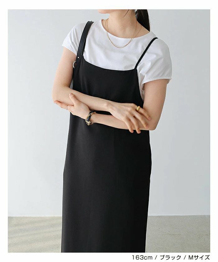 キャミワンピース ワンピース レディース キャミソール ストレート Iライン スクエアネック とろみ 細見え ロング丈 ツイル サイドポケット 上品 セレモニー きれいめ 春 夏 秋 冬 大人 ファッション きれいめ ゆったり オフィス カジュアル ナチュラル 送料無料 t03