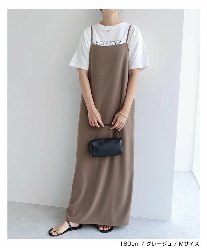 キャミワンピース ワンピース レディース キャミソール ストレート Iライン スクエアネック とろみ 細見え ロング丈 ツイル サイドポケット 上品 セレモニー きれいめ 春 夏 秋 冬 大人 ファッション きれいめ ゆったり オフィス カジュアル ナチュラル 送料無料 t03