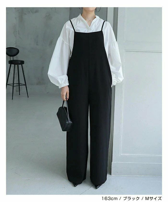 とろみ素材 スクエアネック サロペット レディース ワイド スクエアネック ストラップ 細見え きれいめ サイドポケット 楽ちん トレンド感 セレモニー 春夏 秋冬 evernavy エバーネイビー 大人 ファッション きれいめ ゆったり オフィス カジュアル ナチュラル 送料無料 t03