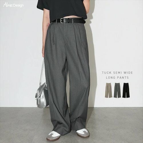 2タック セミワイド ロング パンツ レディース ボトム ワイドパンツ ロングパンツ スラックス ズボン ウエストゴム 体型カバー 太ももカバー ゆったり 楽ちん ポケット ツイル セレモニー きれいめ オフィス カジュアル ボトムス かわいい おしゃれ 大人 春 夏 秋 冬 t04