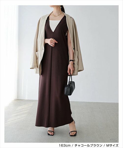 Vネック ポンチ ワンピース レディース キャミワンピース ロングワンピース ジャンパースカート ボトム 体型カバー ゆったり 楽ちん ポケット カットソー ストレッチ イージーケア きれいめ オフィス カジュアル大人 ファッション ゆったり 春 夏 秋 冬 送料無料 t04