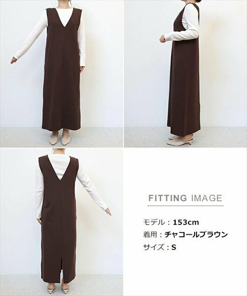 Vネック ポンチ ワンピース レディース キャミワンピース ロングワンピース ジャンパースカート ボトム 体型カバー ゆったり 楽ちん ポケット カットソー ストレッチ イージーケア きれいめ オフィス カジュアル大人 ファッション ゆったり 春 夏 秋 冬 送料無料 t04