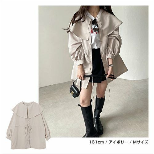 2way ノーカラー マウンテンパーカー レディース ノーカラージャケット アウター ジャンパー 羽織り オーバーサイズ 体型カバー ゆったり 楽ちん 長袖 ポケット ペプラム フレア ケープカラー リボン ミドル丈 きれいめ オフィス カジュアル 秋服 防寒オフィス 春 秋 冬 t04