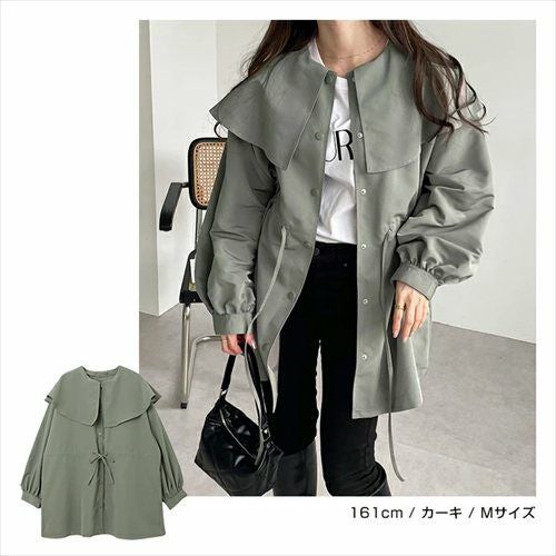 2way ノーカラー マウンテンパーカー レディース ノーカラージャケット アウター ジャンパー 羽織り オーバーサイズ 体型カバー ゆったり 楽ちん 長袖 ポケット ペプラム フレア ケープカラー リボン ミドル丈 きれいめ オフィス カジュアル 秋服 防寒オフィス 春 秋 冬 t04