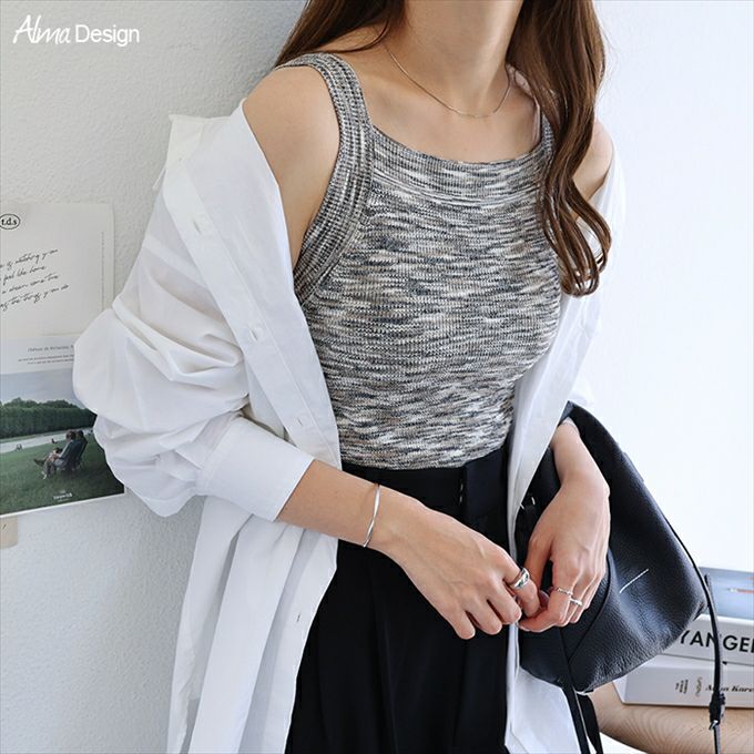 メランジニット アメスリ タンク レディース グラデーション かすり糸 クロップド丈 インナー スクエアネック ニュアンス ミックス感 袖なし おしゃれ かわいい タンクトップ 大人 女性 きれいめ カジュアル カットソー インナー 女性 トップス M L 春 夏 秋 【mail】