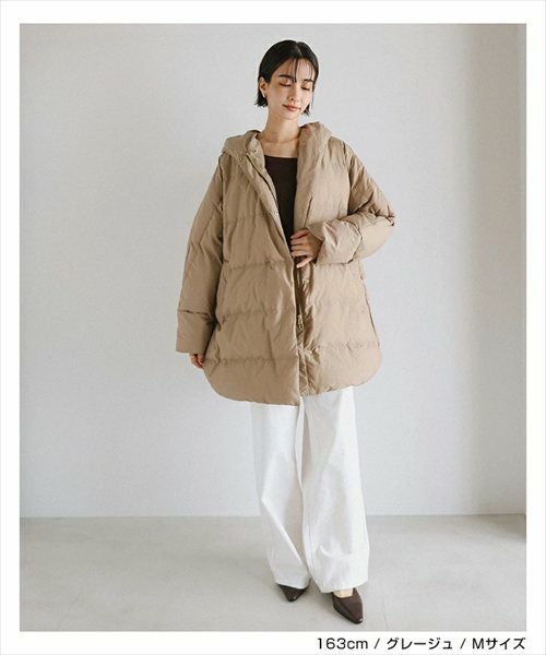 ドルマン サイドジップ ダウンジャケット レディース フレンチダウン コート アウター 羽織り オーバーサイズ 体型カバー ゆったり 楽ちん ミドル丈 ポケット フード 軽量 きれいめ おしゃれ カジュアル 冬服 あったか 暖か 防寒 秋冬 春 秋 冬 evernavy エバーネイビー t04