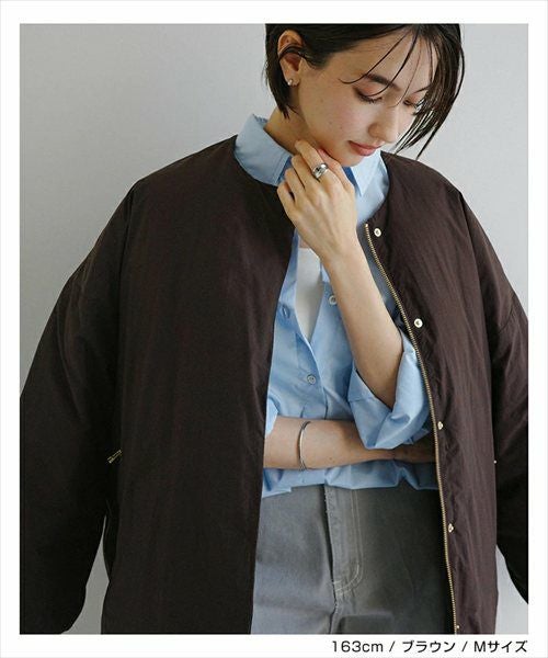 ノーカラー サイドジップ ダウンジャケット レディース フレンチダウン ノーカラージャケット コート 羽織り オーバーサイズ 体型カバー ゆったり ドルマン ポケット 軽量 きれいめ カジュアル 冬服 あったか 暖か 防寒 S M 秋冬 春 秋 冬 evernavy エバーネイビー t04