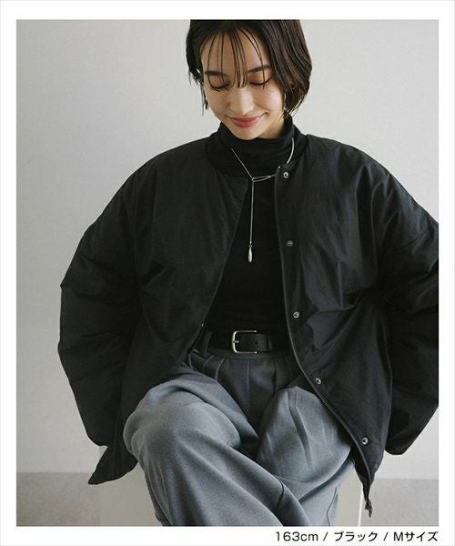 ノーカラー サイドジップ ダウンジャケット レディース フレンチダウン ノーカラージャケット コート 羽織り オーバーサイズ 体型カバー ゆったり ドルマン ポケット 軽量 きれいめ カジュアル 冬服 あったか 暖か 防寒 S M 秋冬 春 秋 冬 evernavy エバーネイビー t04