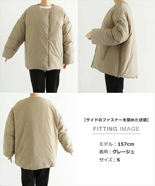 ノーカラー サイドジップ ダウンジャケット レディース フレンチダウン ノーカラージャケット コート 羽織り オーバーサイズ 体型カバー ゆったり ドルマン ポケット 軽量 きれいめ カジュアル 冬服 あったか 暖か 防寒 S M 秋冬 春 秋 冬 evernavy エバーネイビー t04