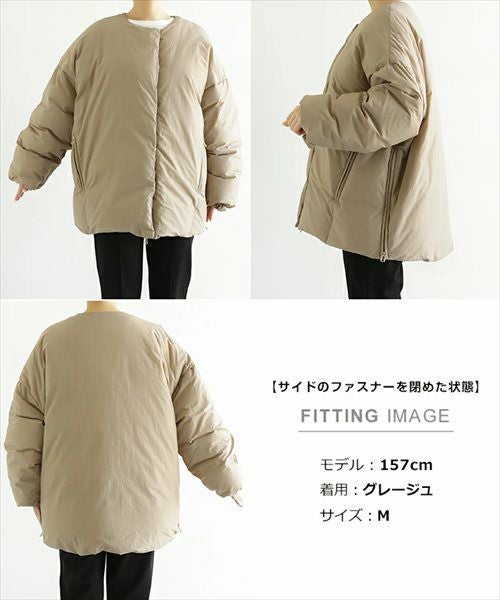 ノーカラー サイドジップ ダウンジャケット レディース フレンチダウン ノーカラージャケット コート 羽織り オーバーサイズ 体型カバー ゆったり ドルマン ポケット 軽量 きれいめ カジュアル 冬服 あったか 暖か 防寒 S M 秋冬 春 秋 冬 evernavy エバーネイビー t04