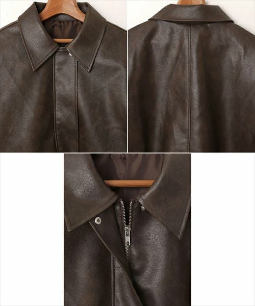 フェイクレザー オーバーサイズ ブルゾン レディース アウター レザーブルゾン ジャンパー コート 羽織り 体型カバー ゆったり 楽ちん ステンカラー タック ポケット 裏地付き ボリューム袖 長袖 ミドル丈 カジュアル トレンド 秋服 冬服 あったか 暖か 防寒 秋冬 秋 冬 t04