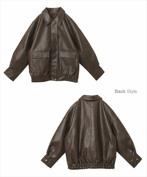 フェイクレザー オーバーサイズ ブルゾン レディース アウター レザーブルゾン ジャンパー コート 羽織り 体型カバー ゆったり 楽ちん ステンカラー タック ポケット 裏地付き ボリューム袖 長袖 ミドル丈 カジュアル トレンド 秋服 冬服 あったか 暖か 防寒 秋冬 秋 冬 t04