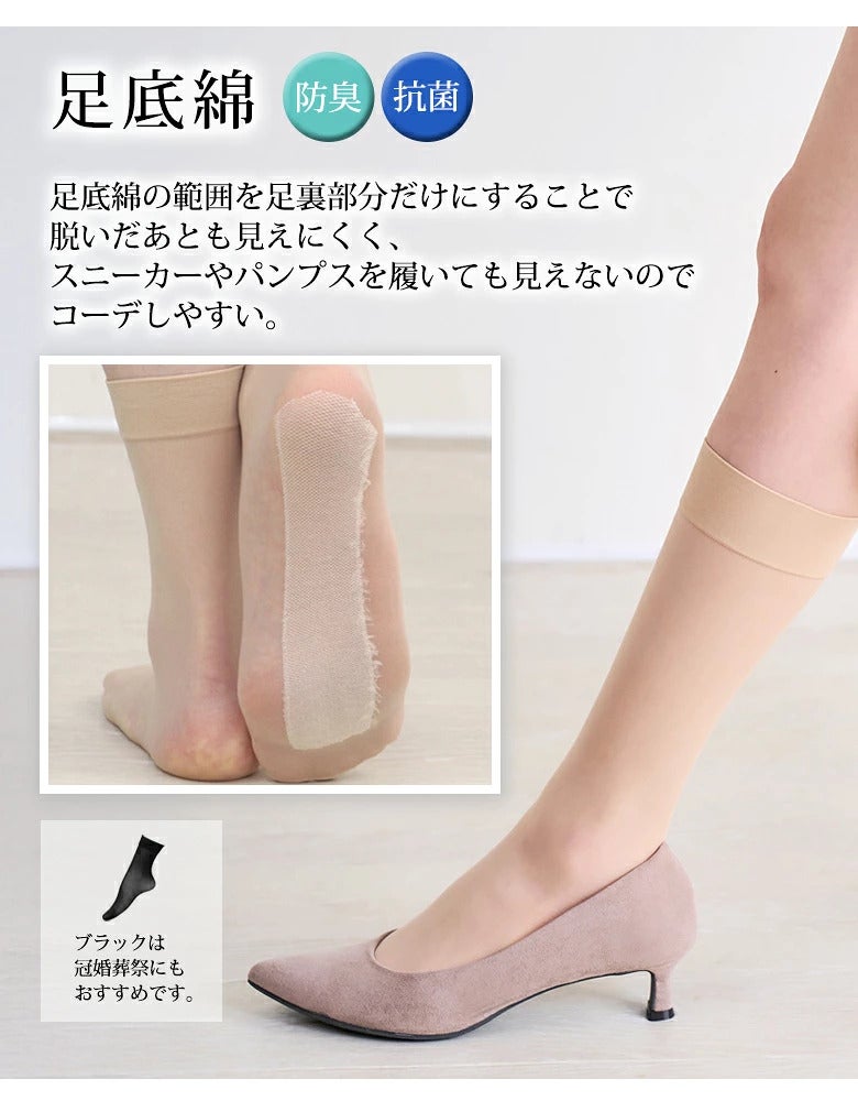 日本製 まるで素足 足底綿 足が綺麗に見える ひざ下 クルー丈 ハイソックス ひざ下 膝 ストッキング 足裏 足底 コットン 綿 靴下 一体型 かかとなし 肌色 喪服 黒 まとめ買い 結婚式 補強 足首まで レディース 女性 20D 薄手 春 夏 秋 涼しい 1000円 ぽっきり 送料無料 mail